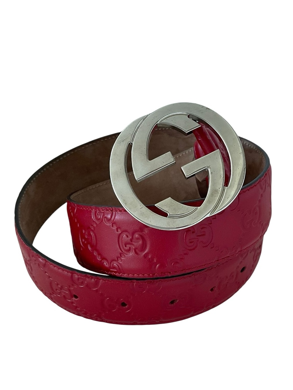Gucci GG Logo Buckle Belt Red Guccissima Leather Silver Hardware 90/36 Authentic